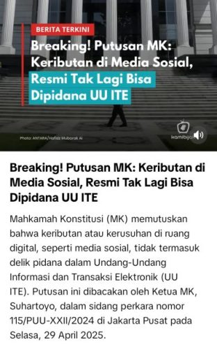 MK Putuskan Pasal Pencemaran Nama Baik dalam UU ITE Tidak Berlaku untuk Lembaga atau Kelompok Tertentu