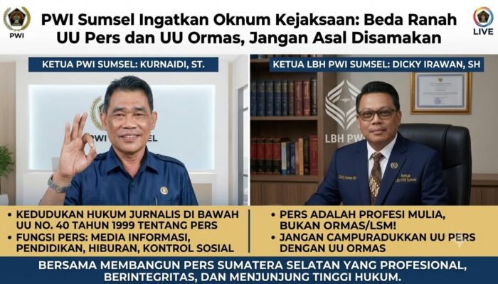PWI Sumsel Ingatkan Oknum Kejaksaan: Beda Ranah UU Pers dan UU Ormas, Jangan Asal Disamakan